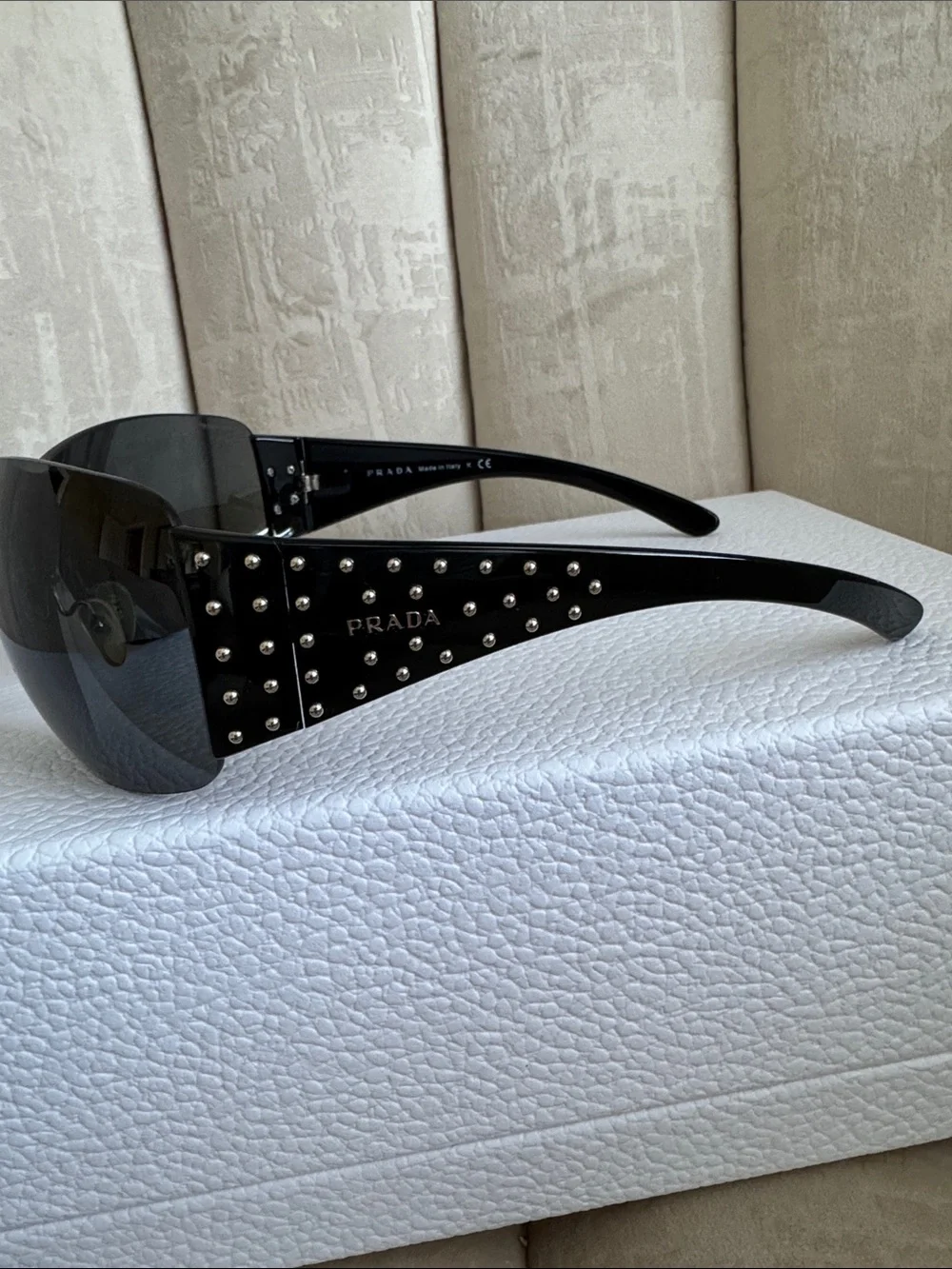 Prada Black Shield Sunglasses with Silver Stud Accents